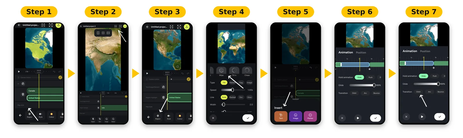 Step-by-step GeoAnimator tutorial showing how to select map regions, customize highlight colors and fill effects, insert text or images, and adjust glide animation and transition s