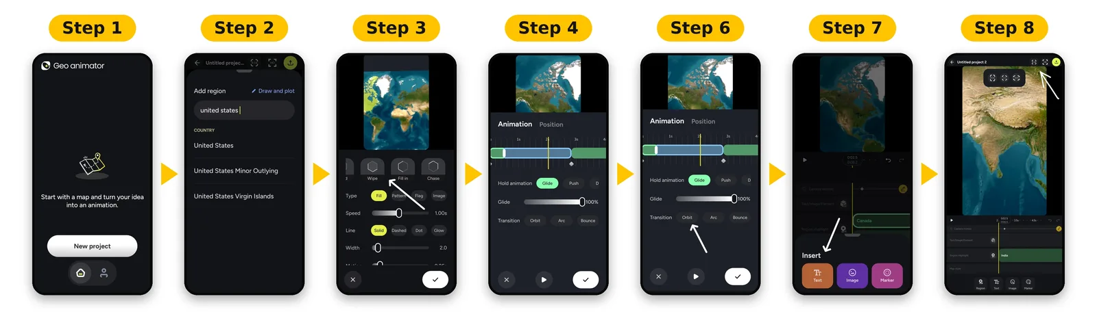 Alt Text: Step-by-step guide to creating animated maps in GeoAnimator, showing how to start a project, select a region, customize map animations, adjust transitions, add text and i